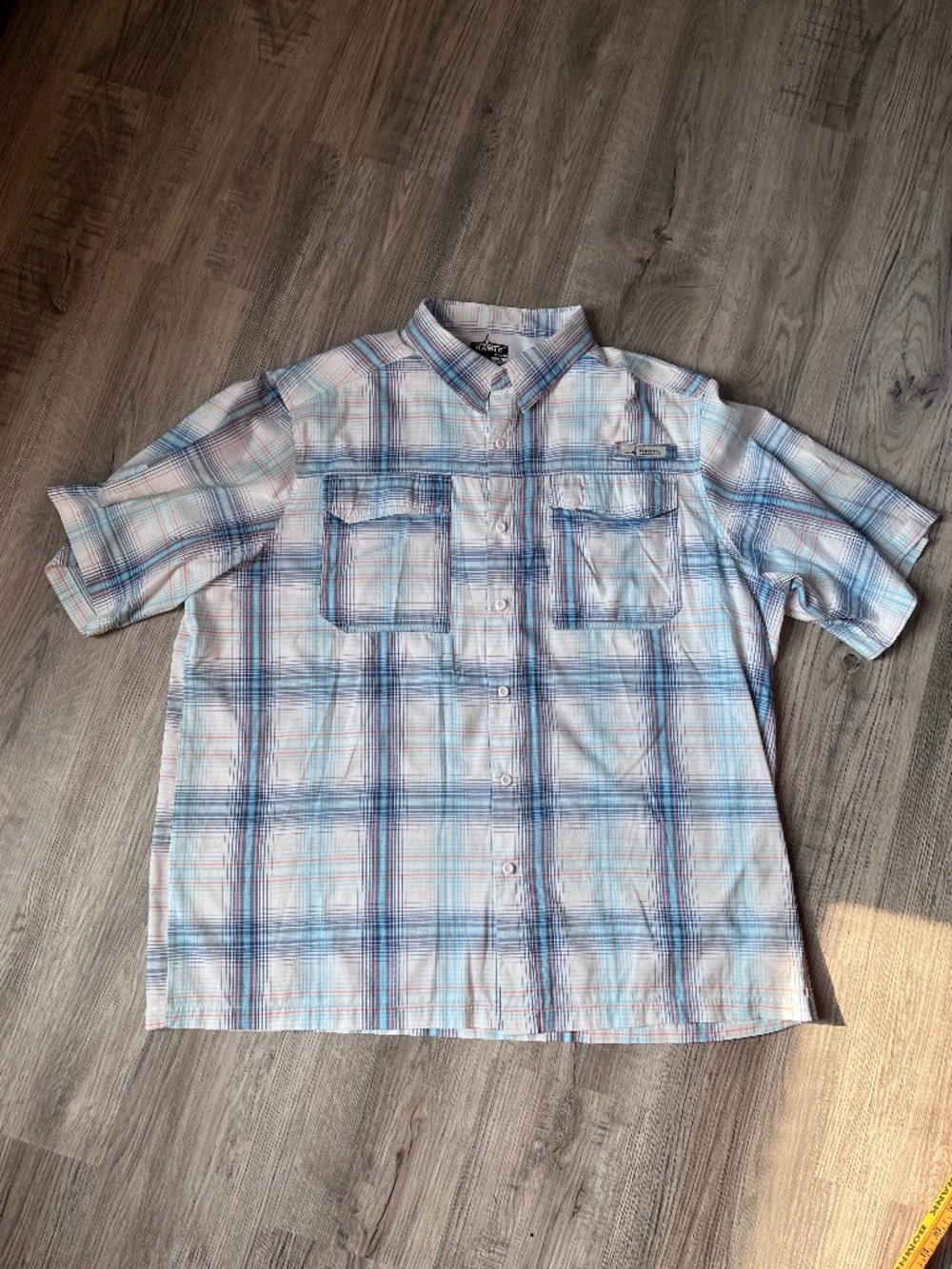 HABIT Blue/White/Peach Plaid Polyester Men's Short Sleeve Fishing Shirt Size XXL